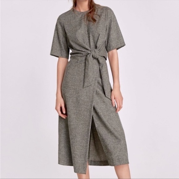 NEW! Zara Woman Dress Wool Blend Tie Waist Midi Heathered Gray Size Small - Picture 1 of 15